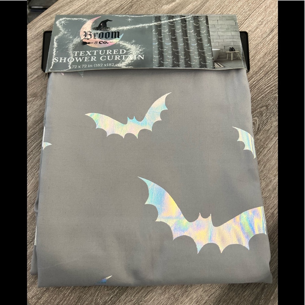 Textured Gray Shower Curtain with Iridescent Bat Design